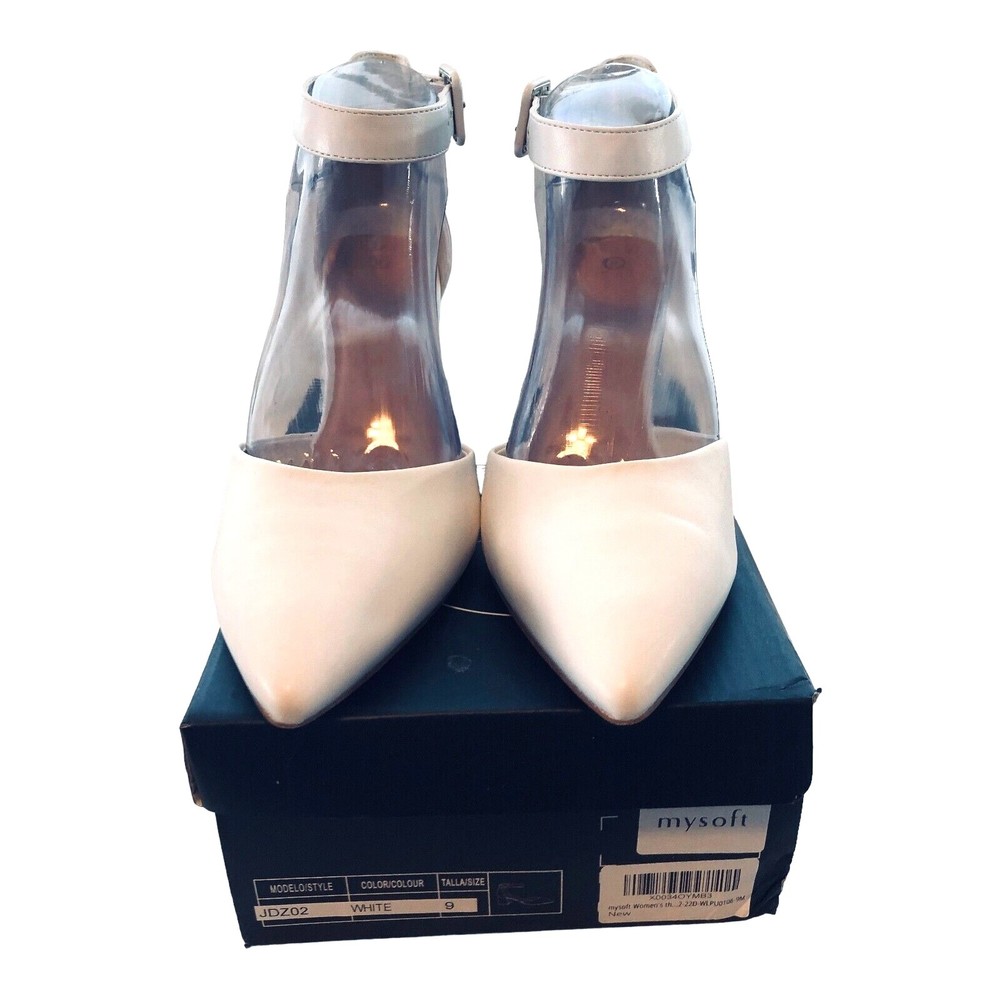 Mysoft JDZ02 Women 9 White Block Heel Pointed Toe Strappy Dress Shoes